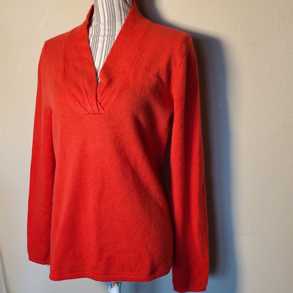 Alex Marie Red 100% Cashmere Shawl Collar V-Neck Pleated Sweater Womens Large